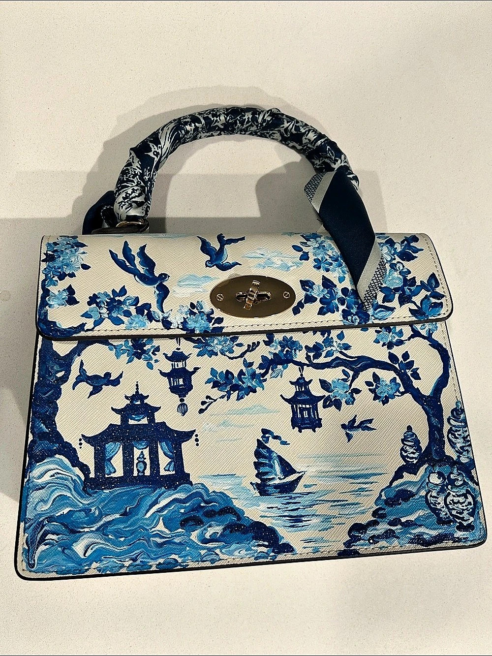 Sakai Chinoiserie Dreams Hand Painted Blue & White Floral Shoulder Bag Like New